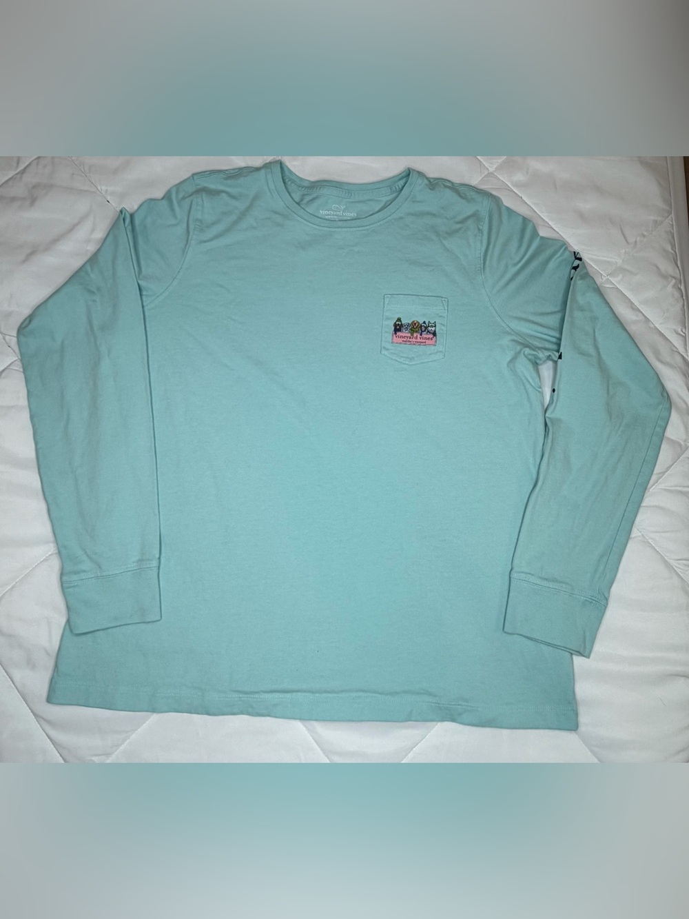 Vineyard Vines Shirt Large Aqua Haze Winter Pups Logo Box Graphic Long Sleeve